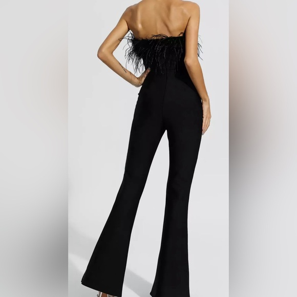 Strapless Lilith Black Bandage Jumpsuit with Feathers - Picture 3 of 5